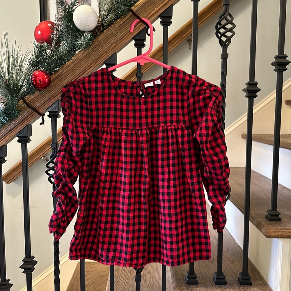 Gap Flannel Top with Rouched Sleeves